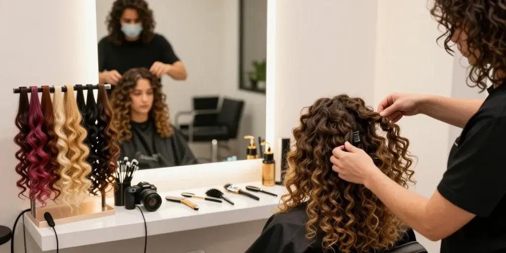 Curling hair extensions being applied in a stylish salon setting.