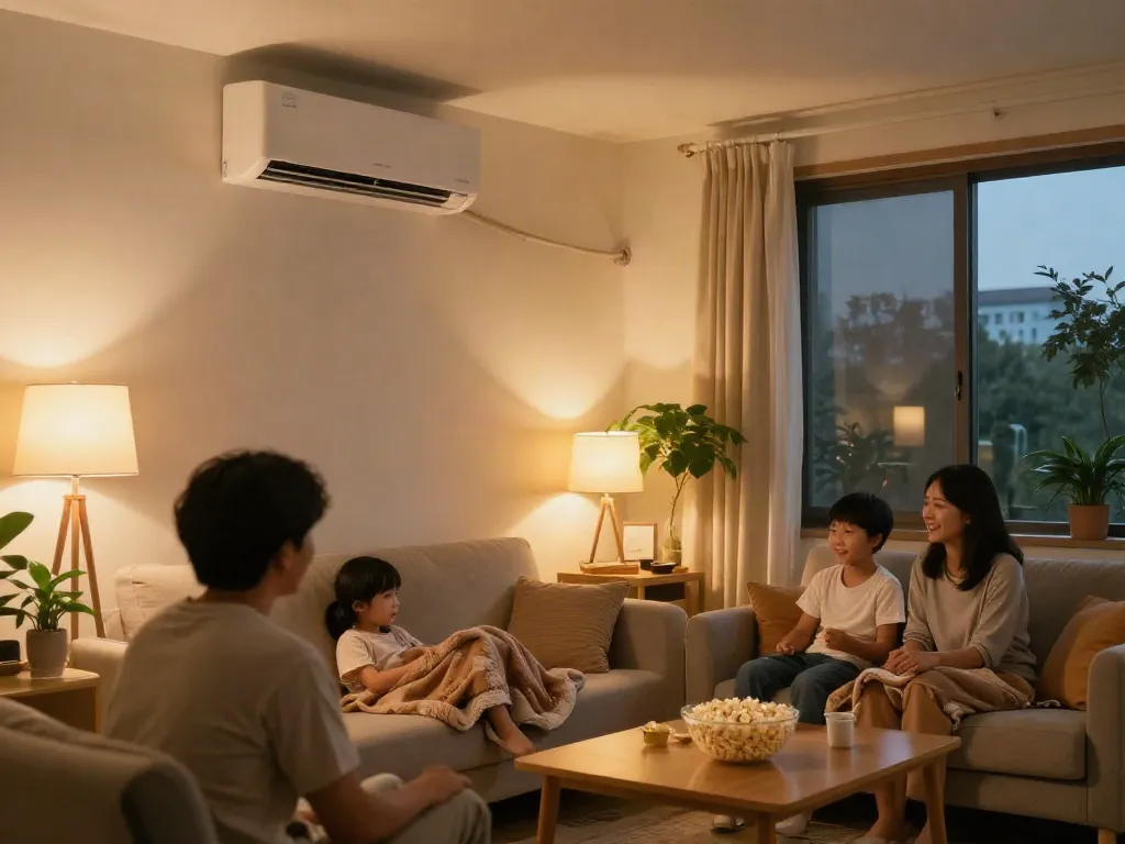 Family enjoying movie night with a mini split ac for comfort