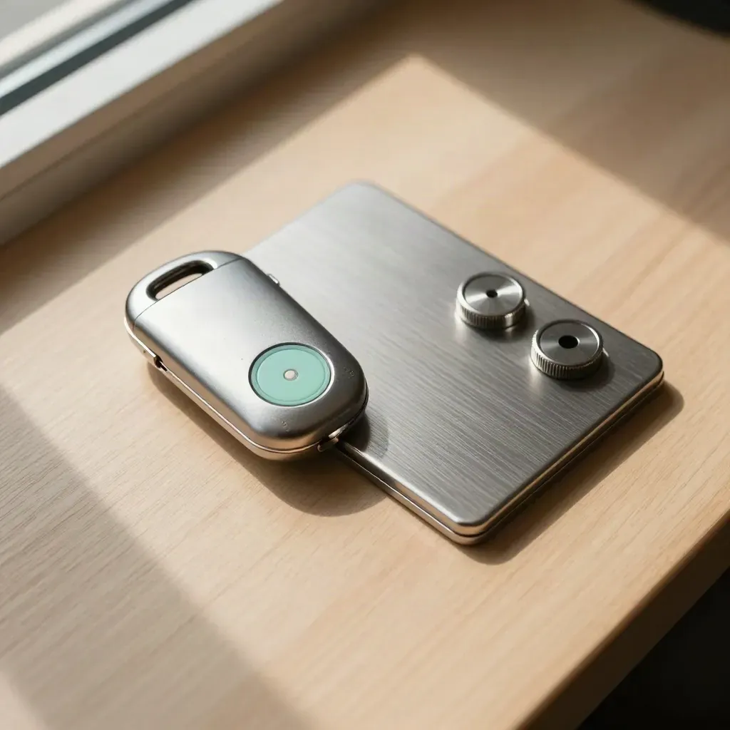 Biometric key fob, steel tray, and calibration weights on pale wood in soft daylight.