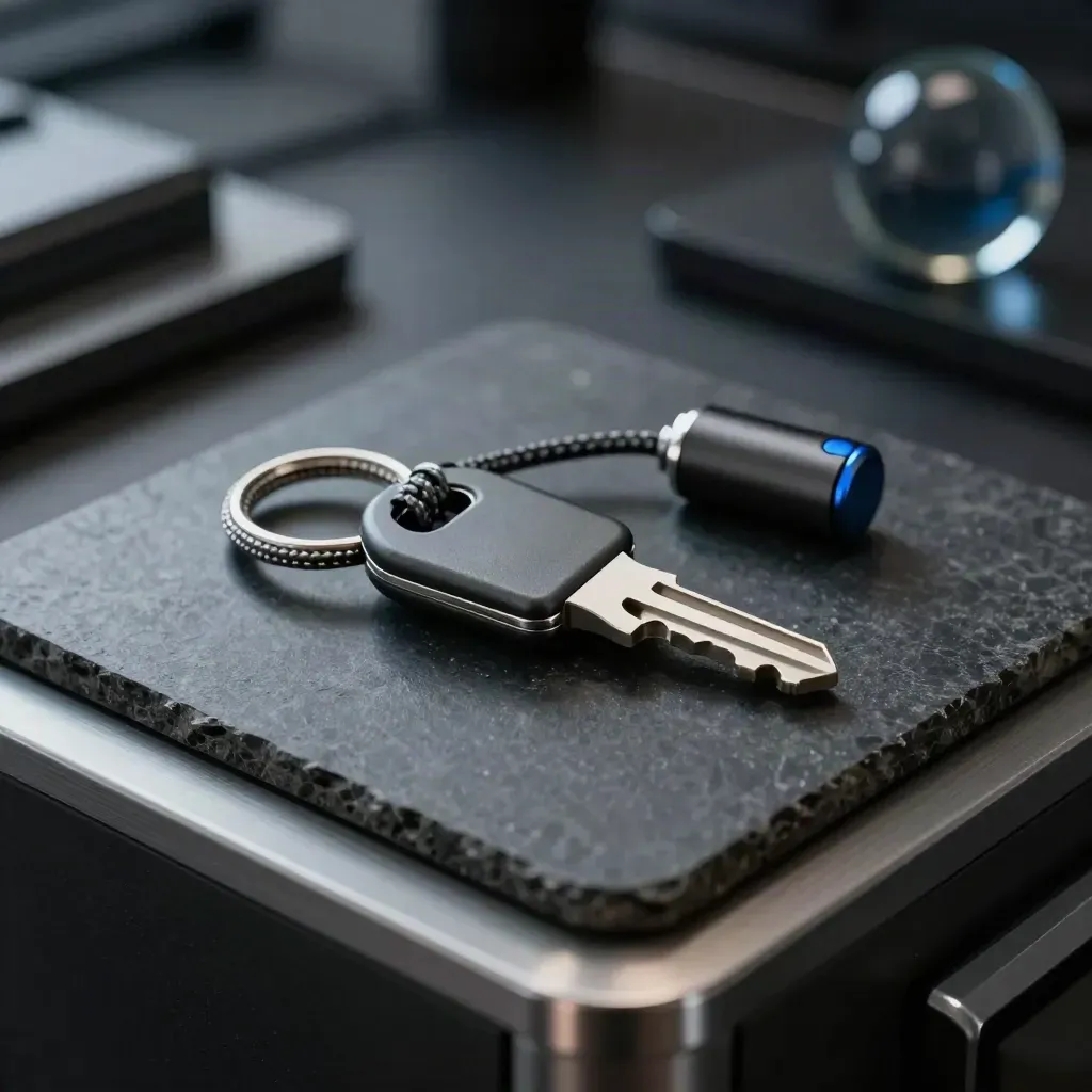 Hardware security key, braided cable loop, and token capsule on dark stone with blue accent