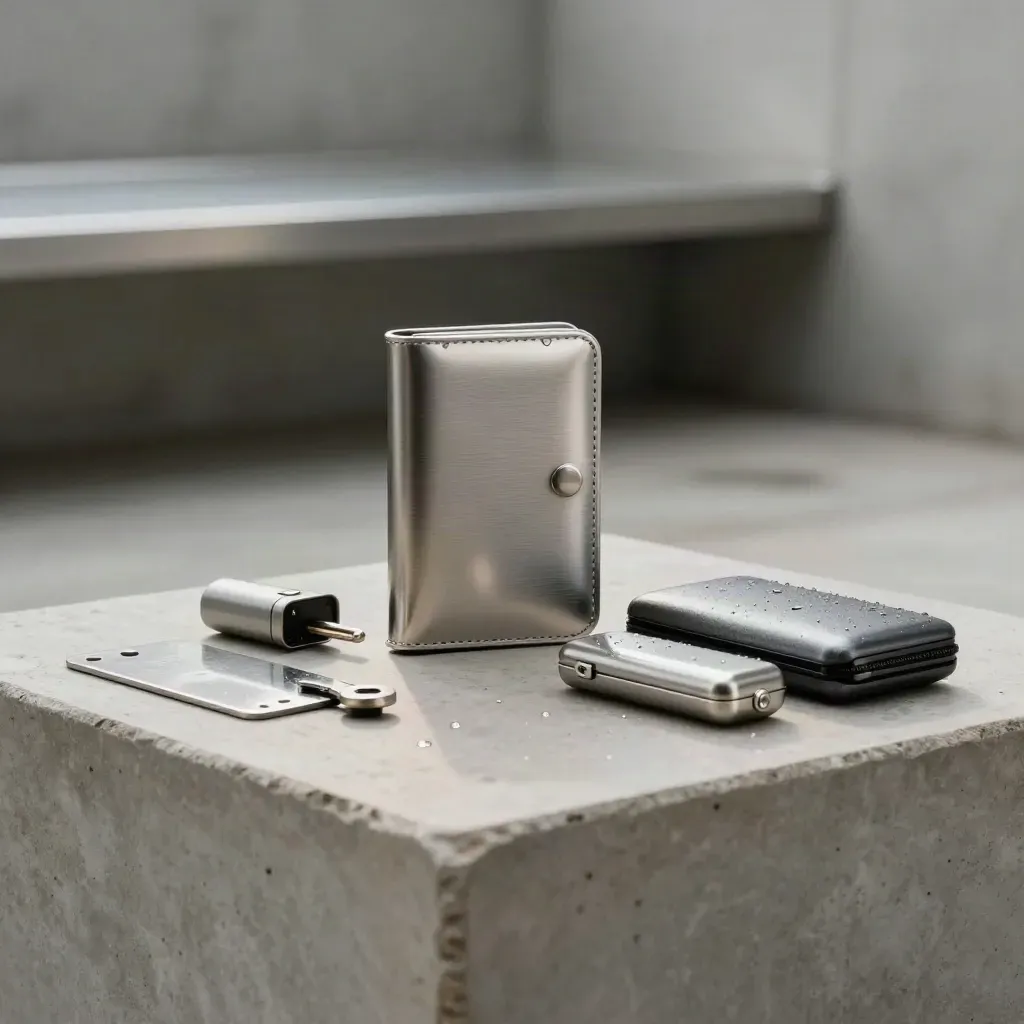 Titanium crypto hardware wallet with recovery plate, key capsule, and lock box on pale stone.
