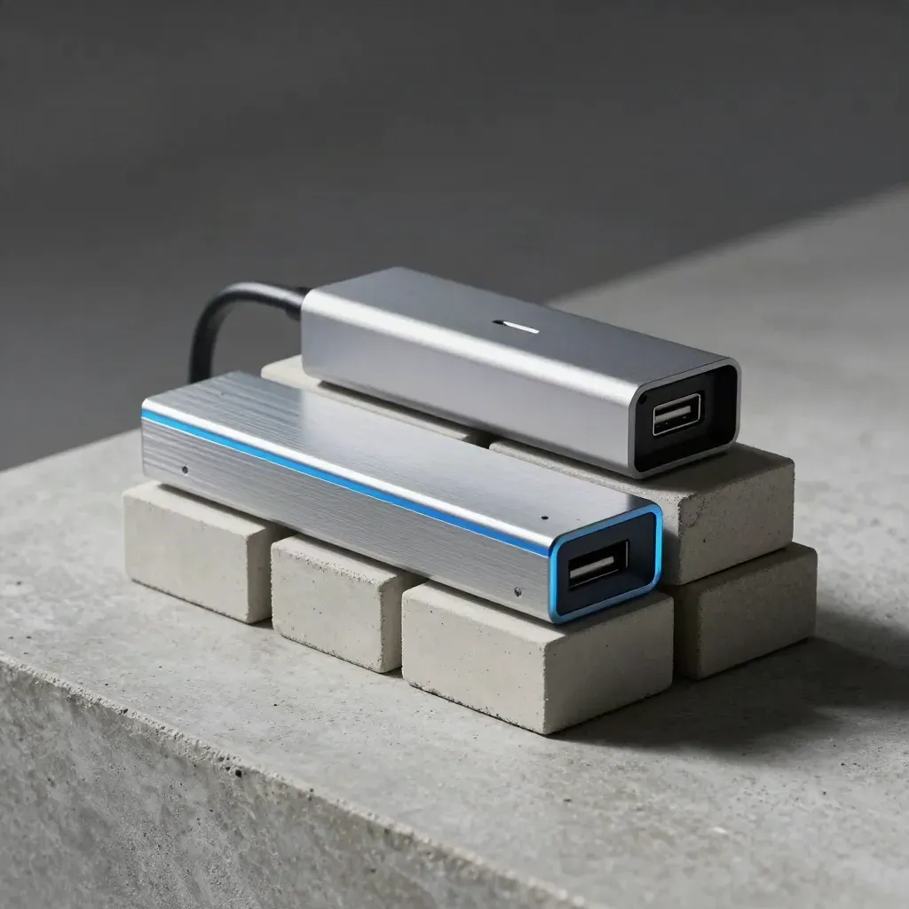 Dock rail, USB hub, and connector blocks on concrete in dramatic studio light.