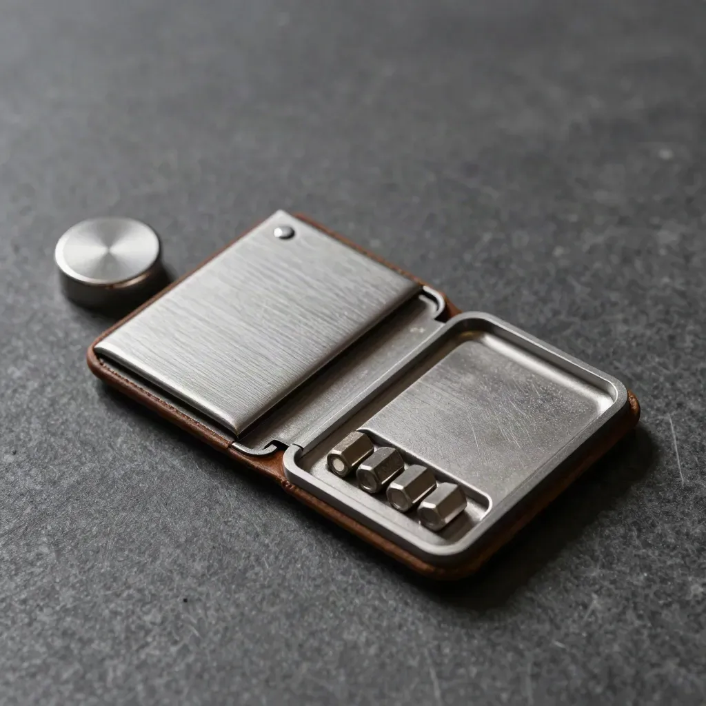 Hardware wallet, backup plate, and hex bits on graphite stone with directional light.