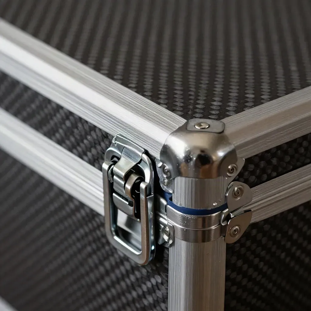 Macro of a carbon-fiber cold-storage case with a half-open latch and steel seal clips