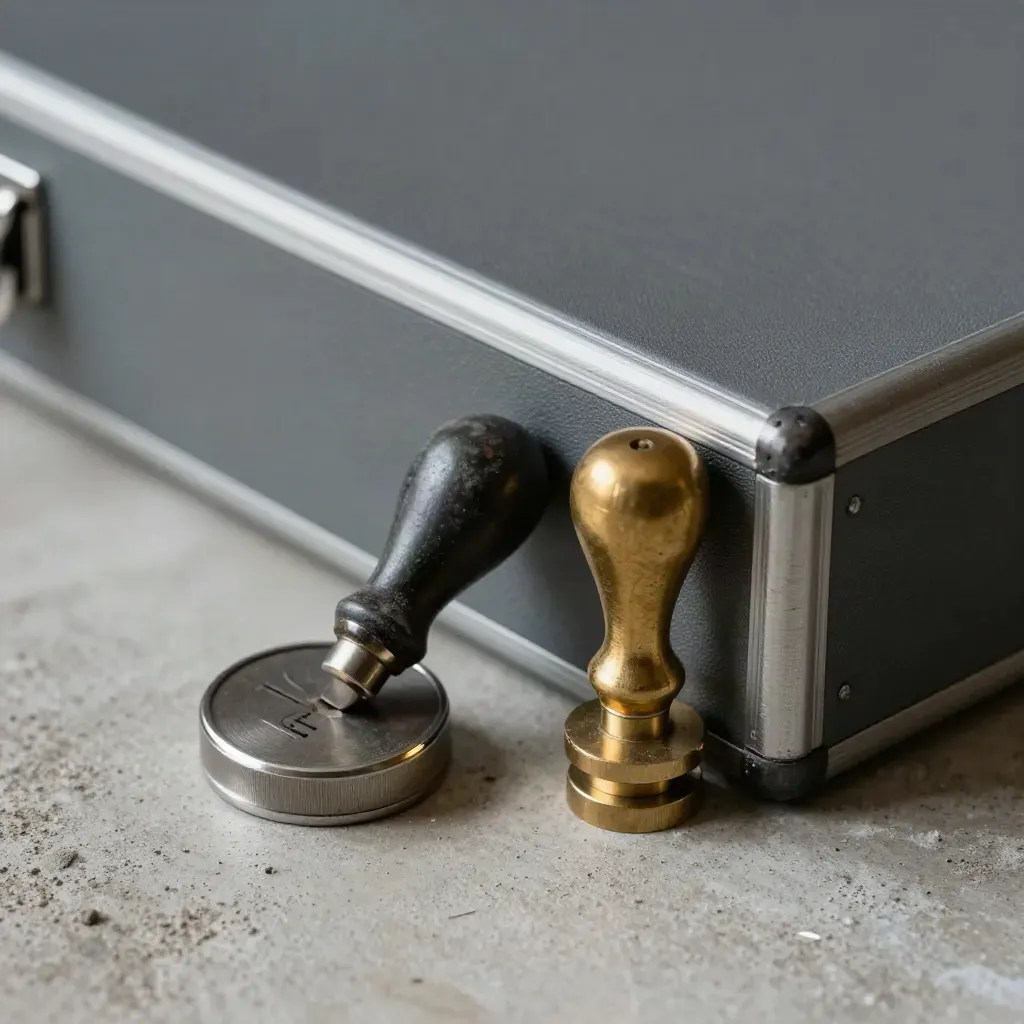 Brass stamp, audit seal, and archive case on pale concrete in dramatic light.