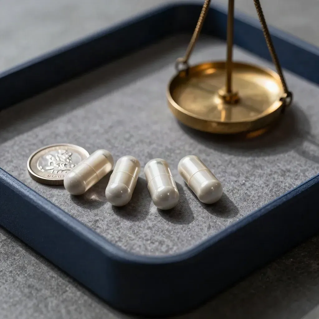 Coin capsules and a brass weight arranged in a shallow felt tray on graphite stone.