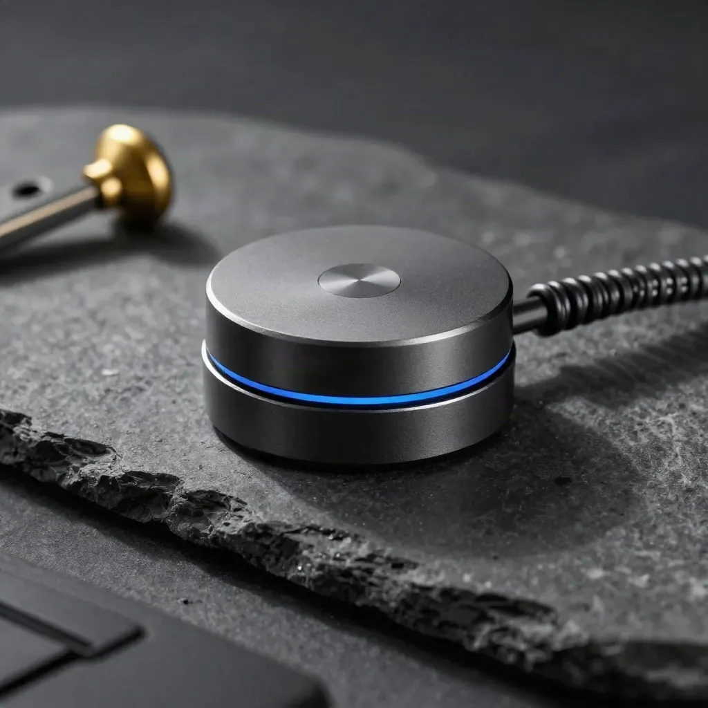 Alert puck, coiled cable, and desk chime on graphite stone in dramatic light.