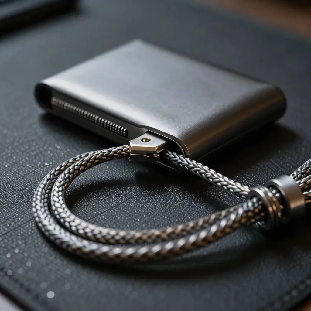 Hardware wallet, alert puck, and braided cable on anti-static mat, seen through a blurred cable loop.