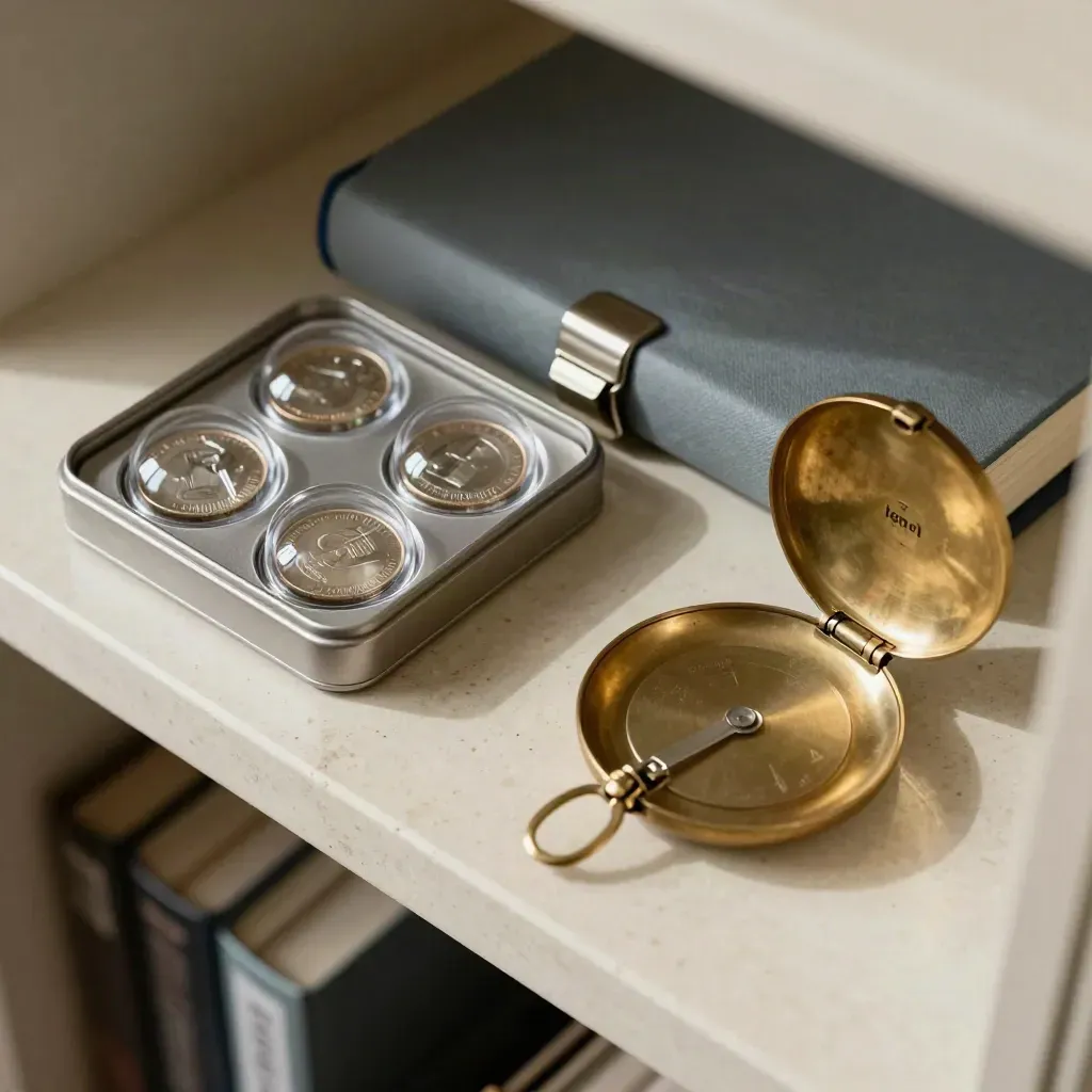 Brass pocket scale, coin capsule tray, and closed archival folio on pale stone.