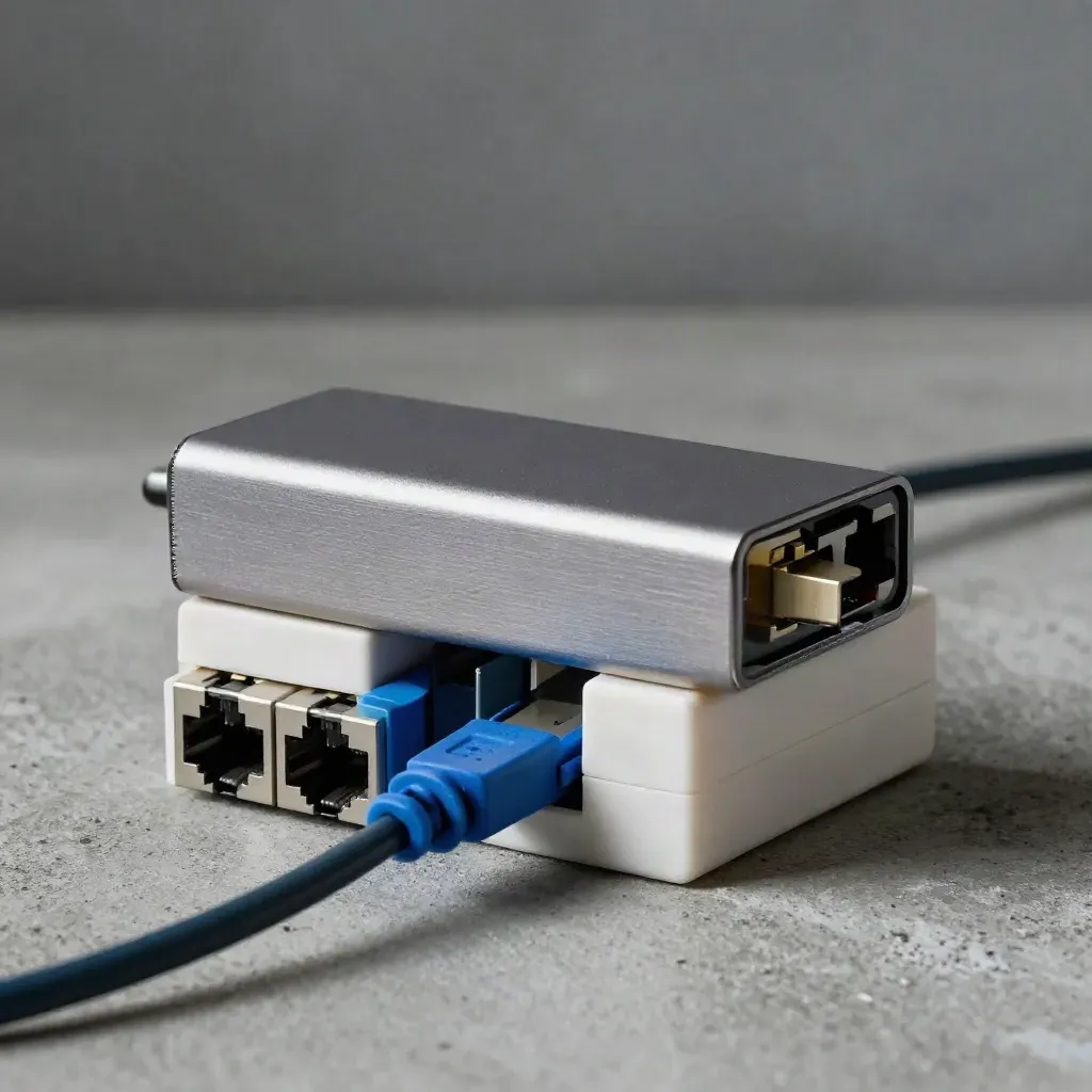 Connector blocks, USB hub, and Ethernet keystones in a premium fintech toolkit still life.