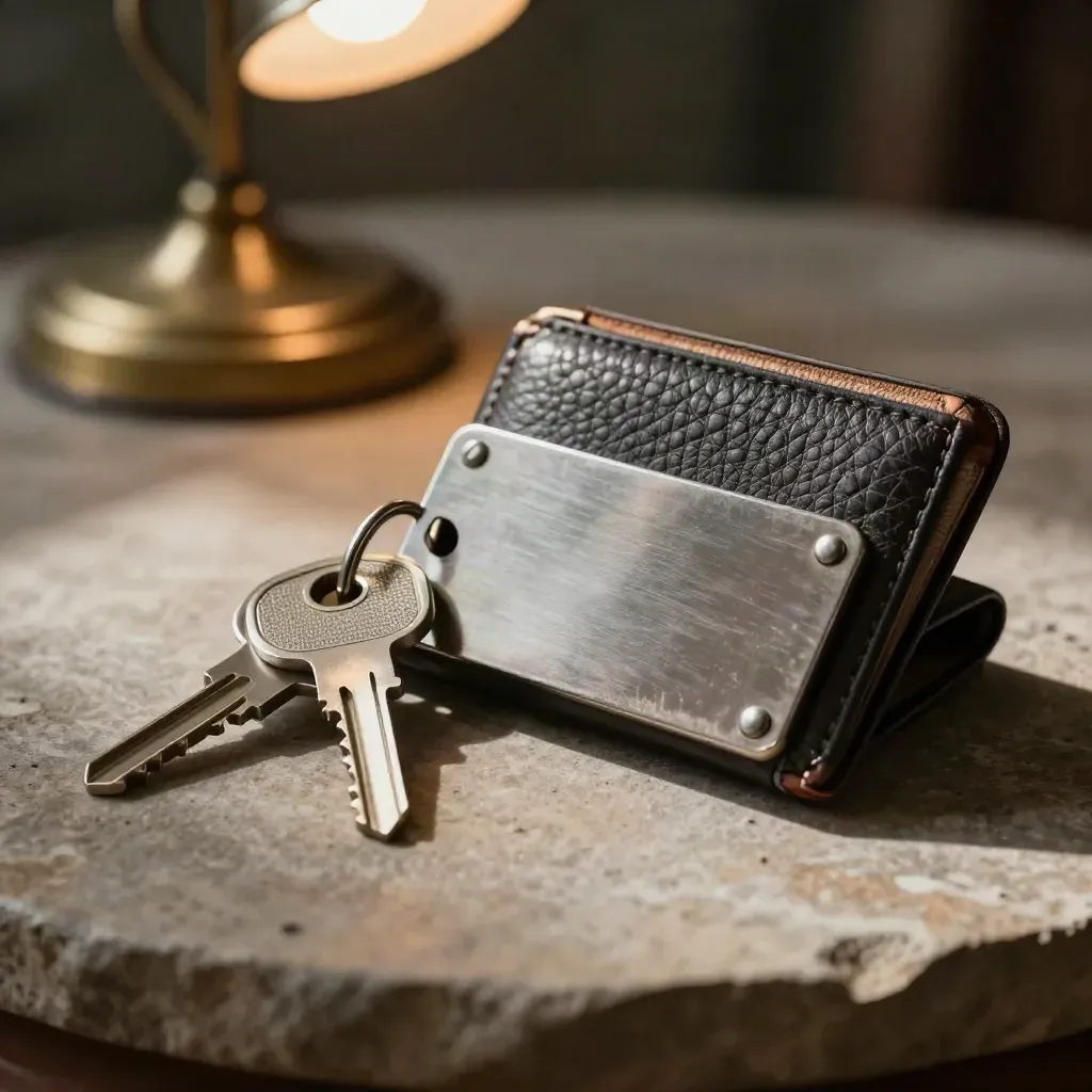 Hardware security keys, metal recovery plate, and case on stone beside a blurred lamp