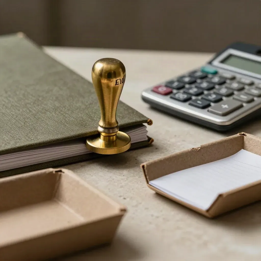 Brass stamp, olive folder, silver calculator and receipt tray on stone