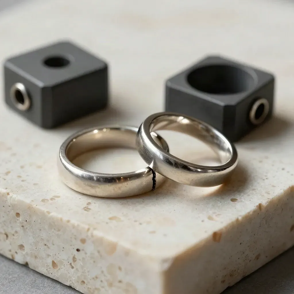 Silver modular rings and connector blocks on a creamy stone slab, lit with crisp directional light.