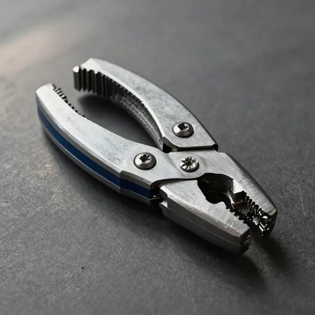 Macro of clamps, hex screws, and linked metal plates locked on a graphite slab.