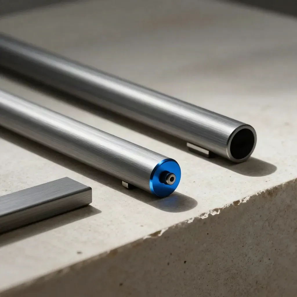 Diagonal modular rails, connector pin, and joint on pale stone with electric-blue accent.